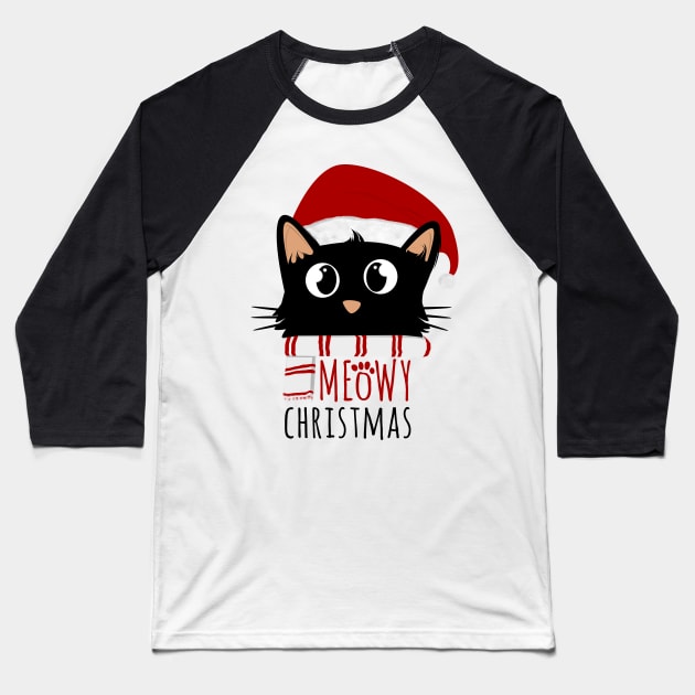Meowy Christmas Cute Black Cat Baseball T-Shirt by Rishirt